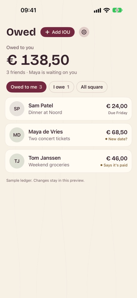 Owed showing three friends who owe you money